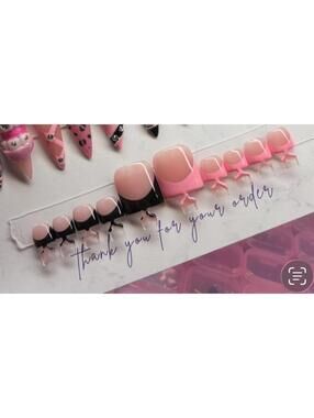 Press on toe nails French tips black pink handmade custom gel cute